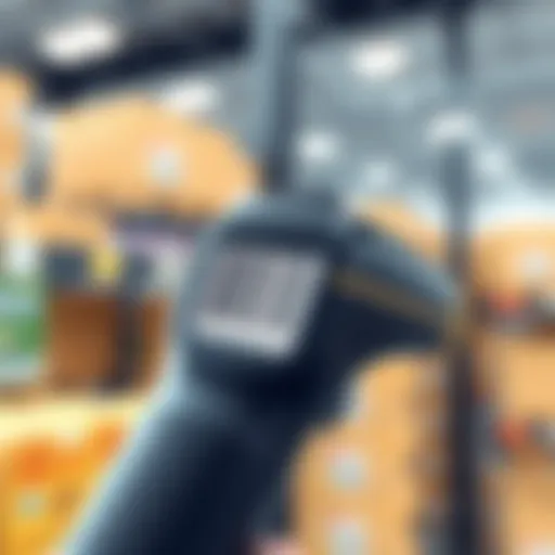 A close-up of a barcode scanner in action, capturing a barcode on a product.
