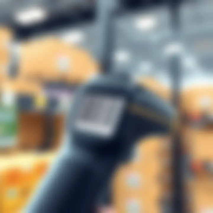 Barcode Scanner in Operation A close-up of a barcode scanner in action, capturing a barcode on a product.