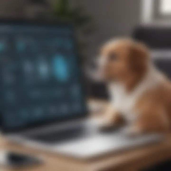 Illustration of pet owner accessing vet website on laptop