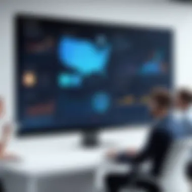Business Team Analyzing Chatbot Analytics A business team analyzing chatbot analytics on a large screen.