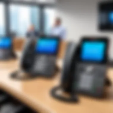 Comcast Business IP Phones in a Meeting Environment A professional setting displaying multiple Comcast Business IP phones in use during a meeting.