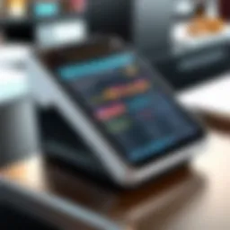 A sleek POS terminal displaying sales analytics
