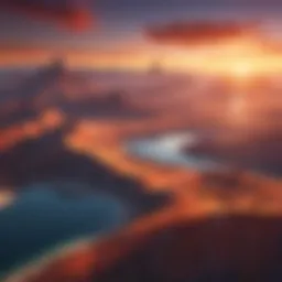 Aerial view of a scenic landscape with vibrant sunset hues