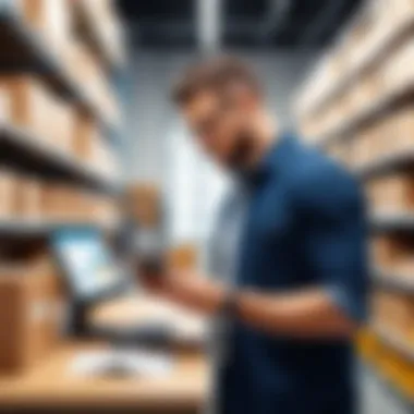 A small business owner reviewing inventory with a barcode system.