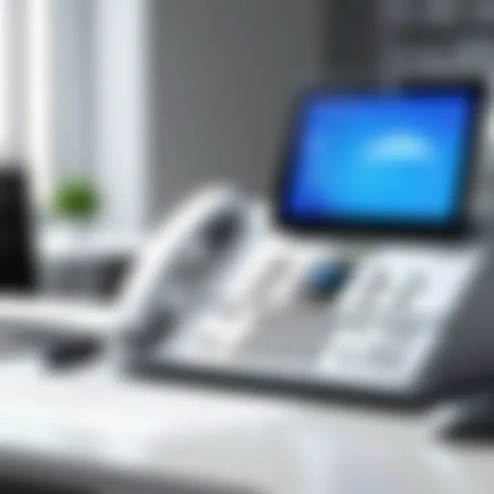 A futuristic office setting with advanced technology for fax solutions.