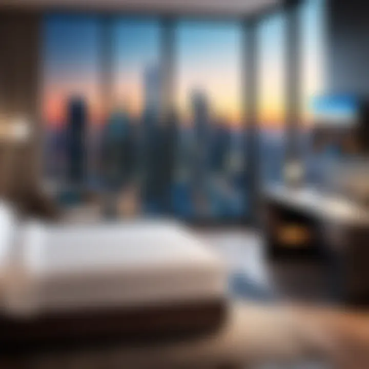 Hotel room with a view of the city skyline