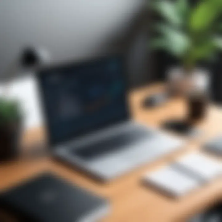 A stylish workspace with a laptop and marketing materials focused on Yext