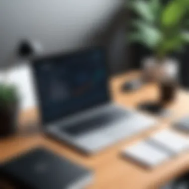 Marketing Workspace Featuring Yext A stylish workspace with a laptop and marketing materials focused on Yext